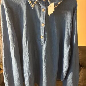 Alice Blue Casual Denim Shirt with Pearl Details